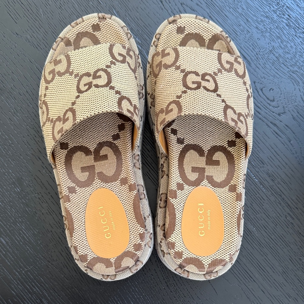 Gucci Beige and Brown GG Pattern Slides